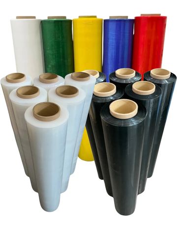 Colorful and black plastic film rolls, neatly arranged.