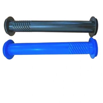 Two cylindrical plastic grips, one black and one blue, with textured ends.