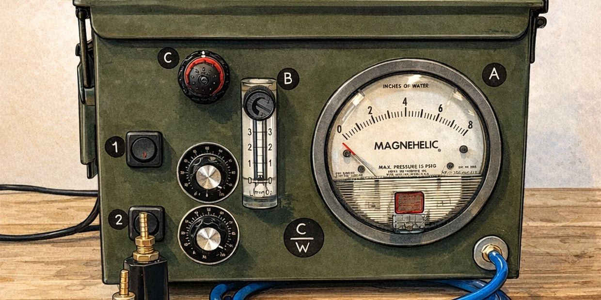 Vintage Magnehelic pressure gauge with various controls and dials.
