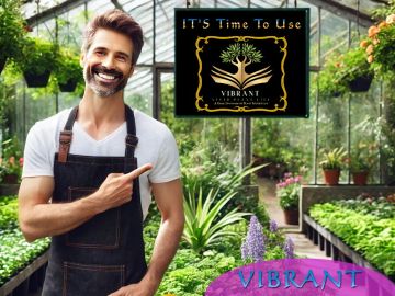 Man smiling and pointing in a garden nursery with a vibrant logo.