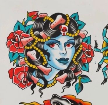 Tattoo-style artwork of a blue-skinned woman with bones, beads, and roses in her hair.