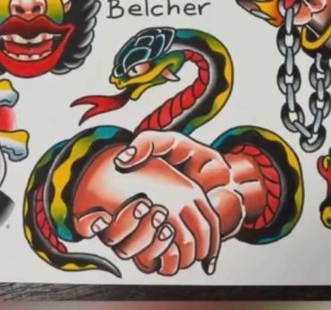 Tattoo-style artwork of a handshake intertwined with a snake.