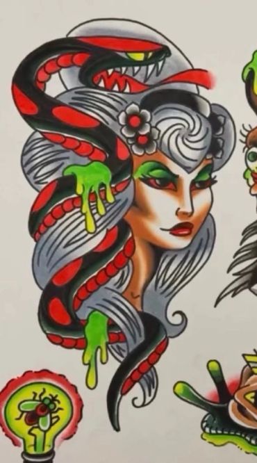 Tattoo-style artwork of a woman with snake hair and vivid green eyeshadow.