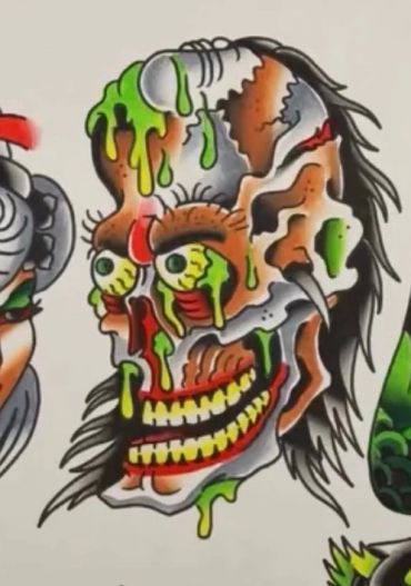 Colorful zombie skull with dripping green slime in tattoo art style.