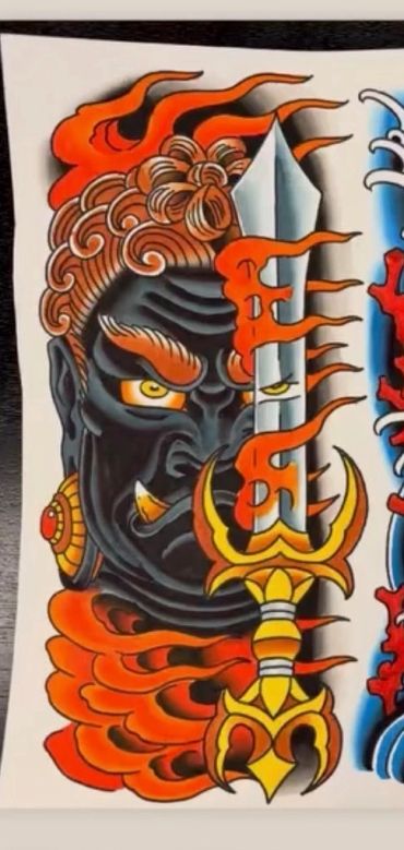 Vivid tattoo design of a fierce black-faced warrior with fiery hair and a flaming sword.