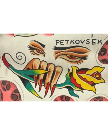 Tattoo-style artwork of eyes and a hand holding a colorful rose.