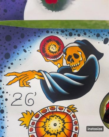 Colorful artwork of a skeletal figure in a dark cloak holding a fiery orb.
