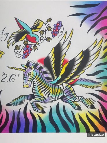 Colorful tattoo-style art featuring a winged zebra and a bird with berries.