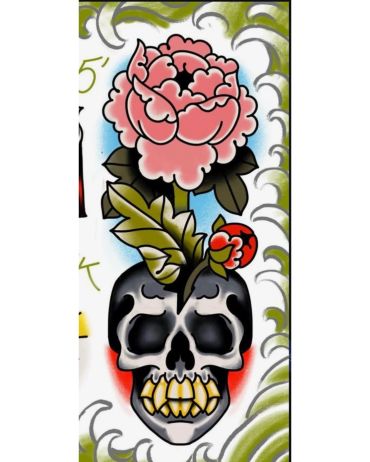 A vibrant tattoo design featuring a skull with a blooming pink flower and green leaves.