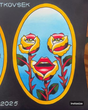 Surreal painting of three roses with human facial features inside an oval frame.
