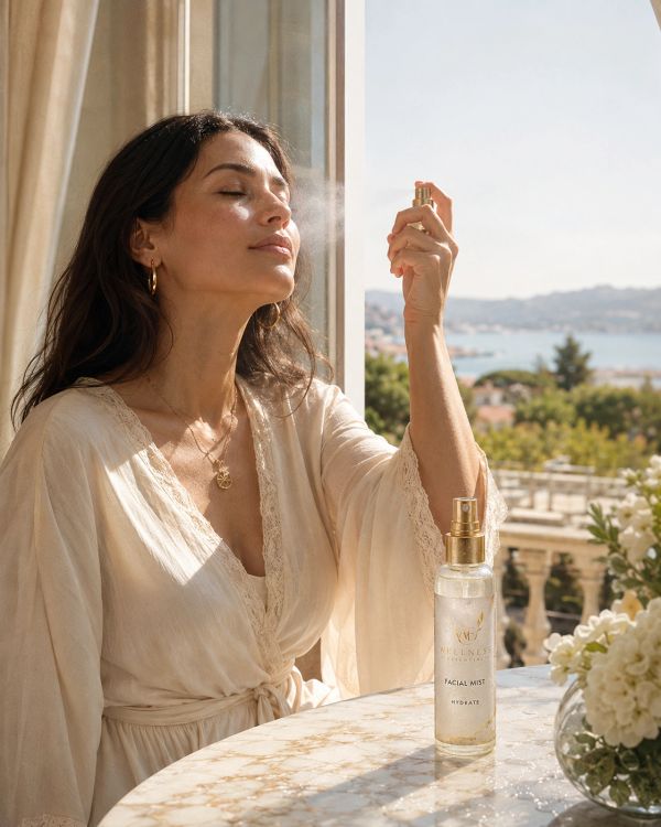Woman spraying facial mist while enjoying sunlight.