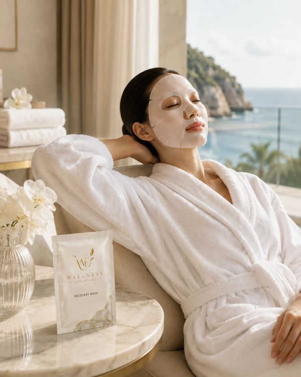 Woman relaxing with a facial mask and bathrobe.