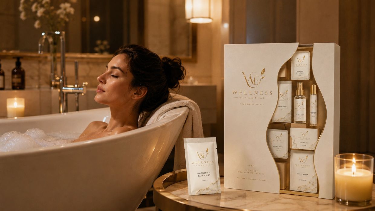 Woman relaxing in a bathtub with wellness products nearby.