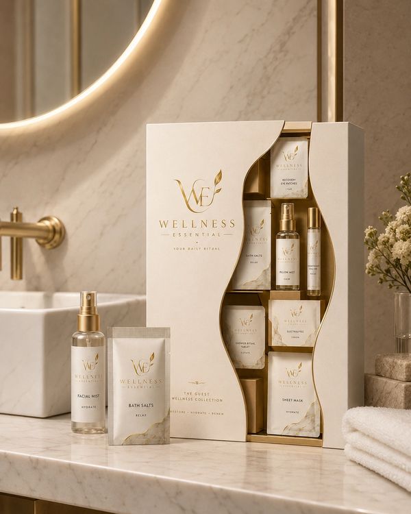 Elegant wellness skincare set displayed on marble bathroom counter.