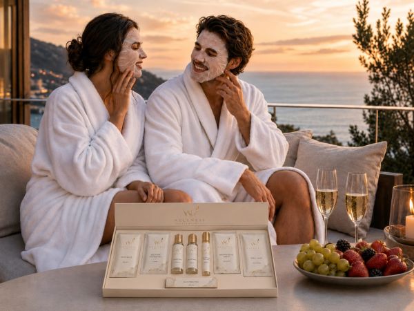 Couple in bathrobes applying face masks together at sunset.