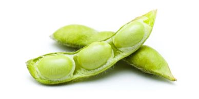 Soybeans in an open pod, white background.