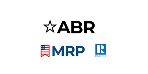Logos of ABR, MRP, and Realtor on a black background.