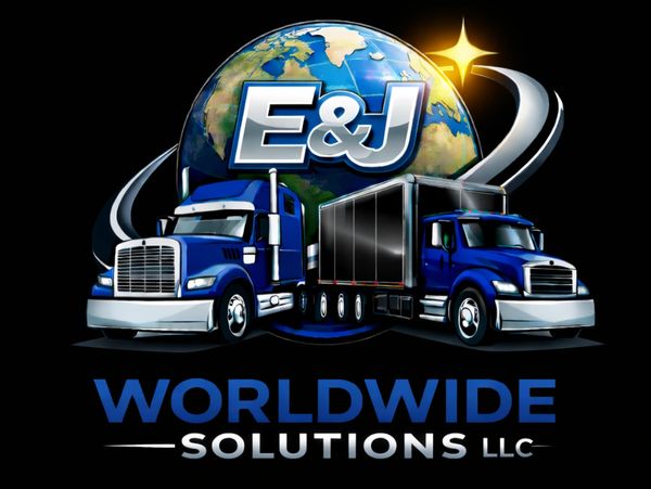 Logo featuring trucks and a globe for E&amp;J Worldwide Solutions LLC.