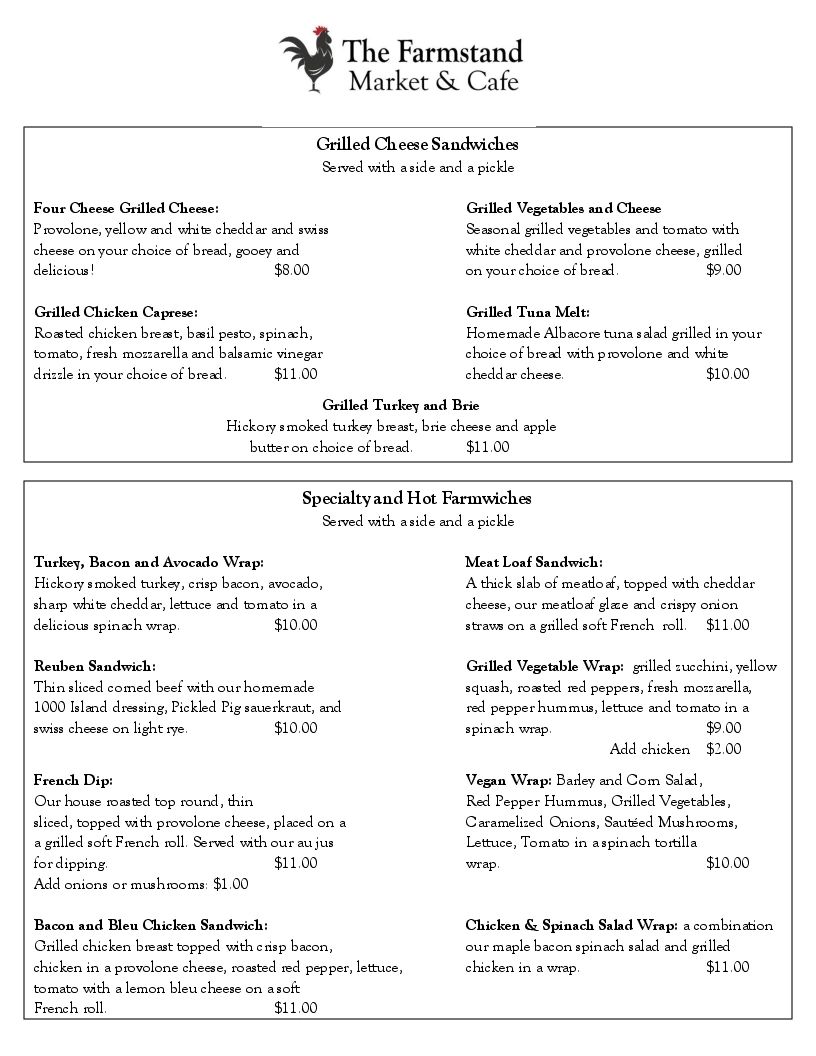 Menu The Farmstand Market Cafe