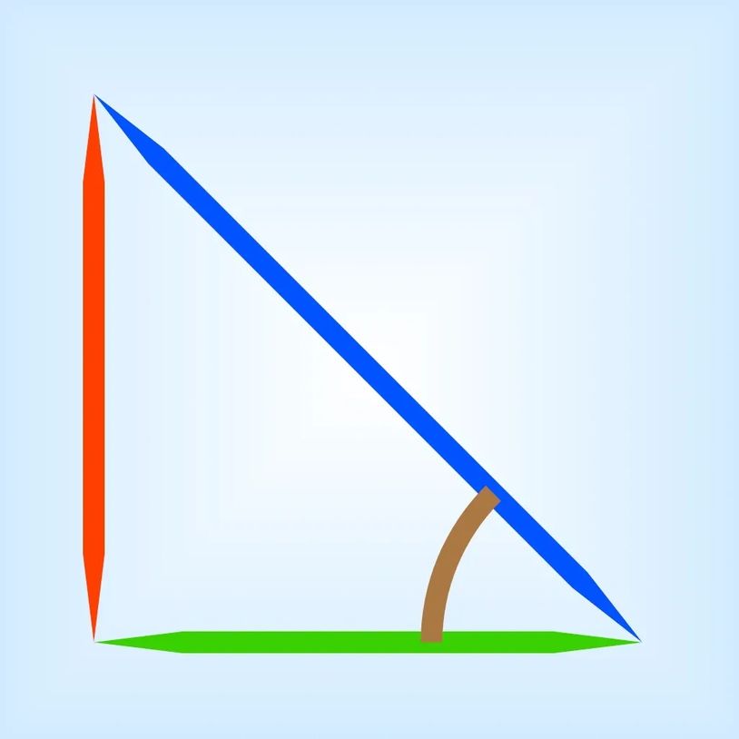 Colored 3D right triangle with an angle marked.