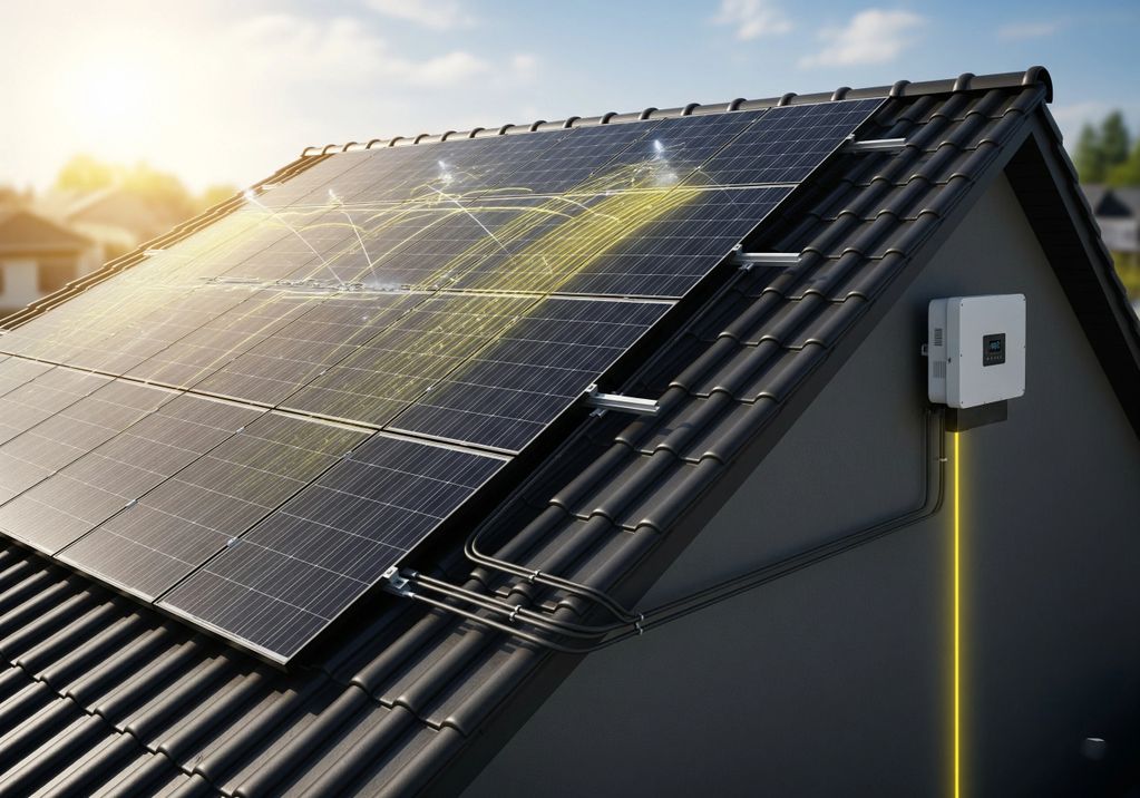 Solar panels on a rooftop converting sunlight into energy.