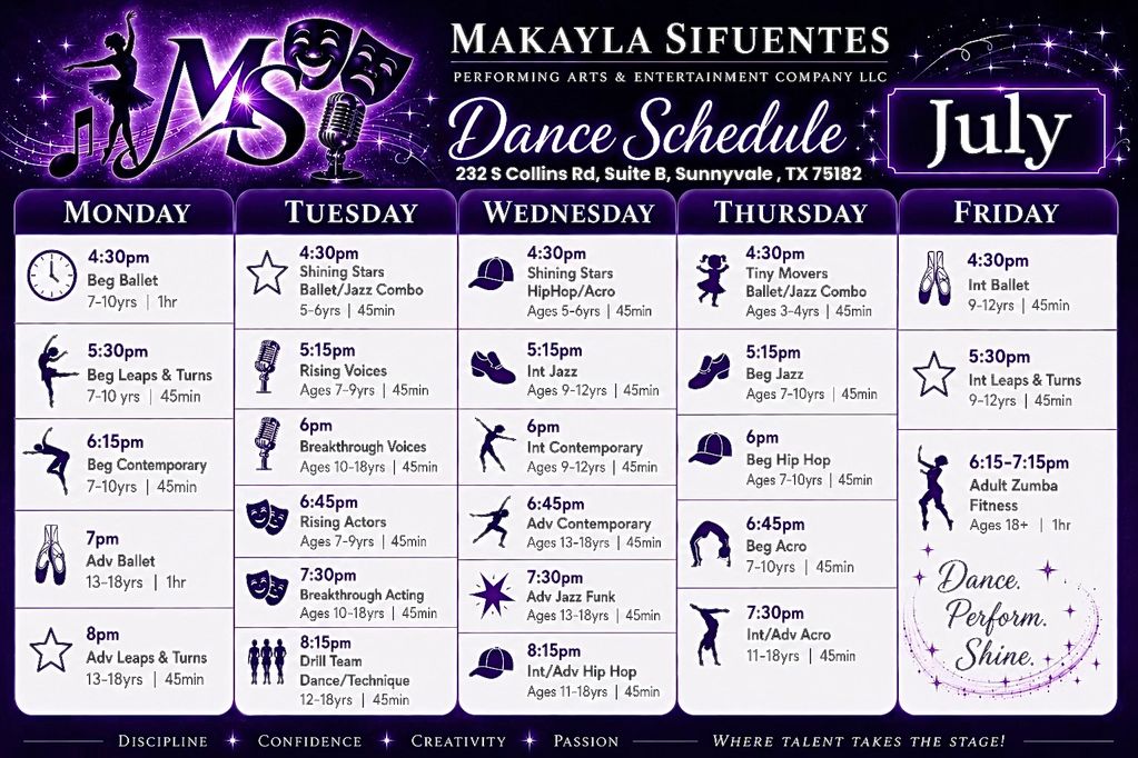 Dance schedule for Makayla Sifuentes Performing Arts, listing classes Monday to Friday in July.