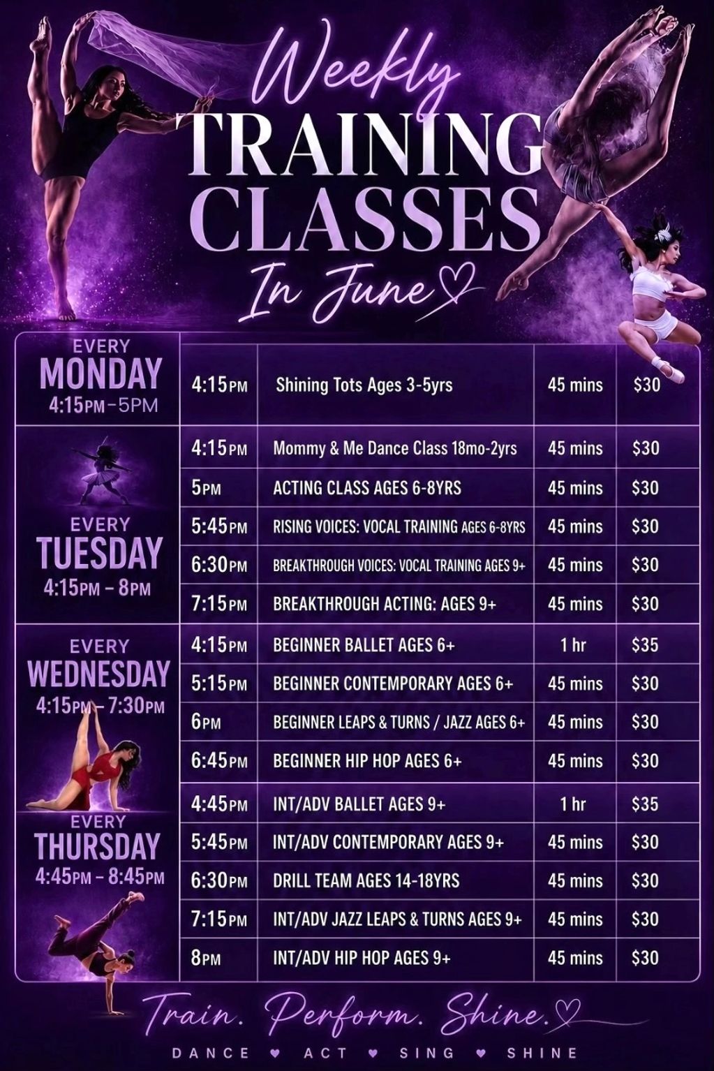 Weekly dance and acting training classes schedule for June with times, ages, durations, and prices.