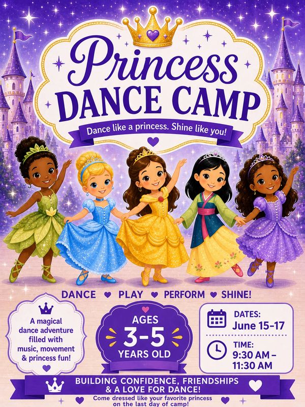 Colorful princess-themed dance camp for kids aged 3-5 with music and fun.