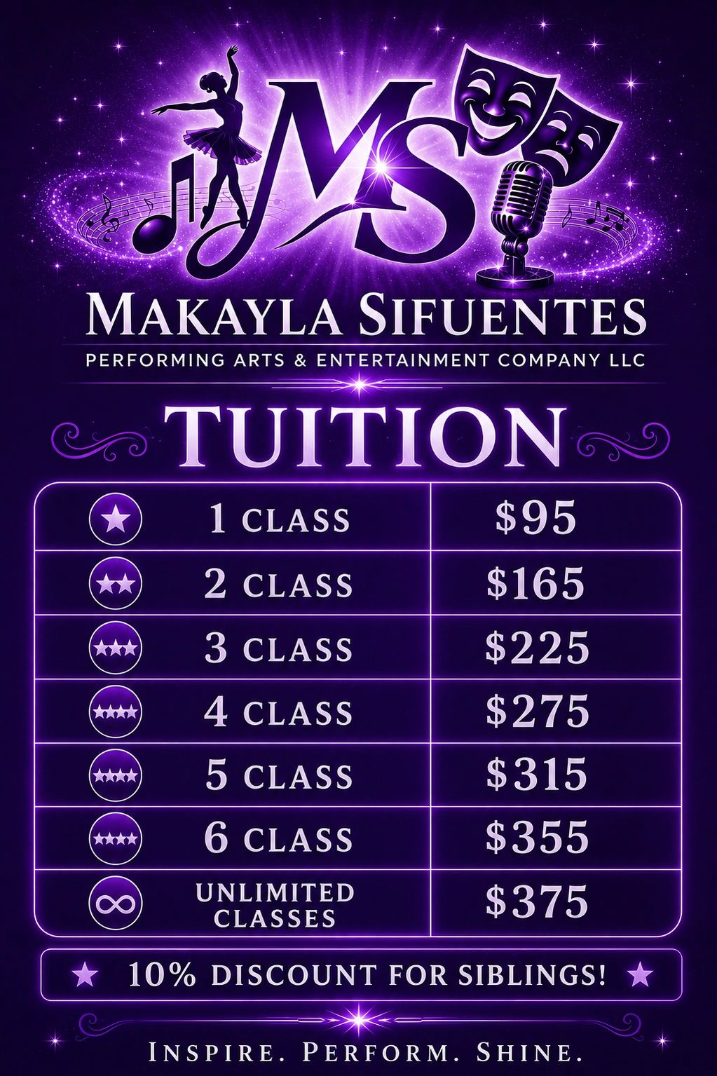 Makayla Sifuentes Performing Arts tuition rates with discounts for siblings.