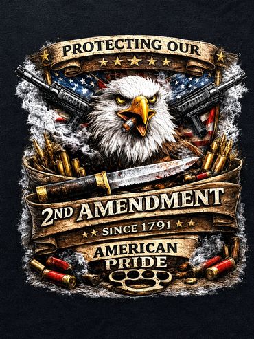 Graphic showing an eagle with weapons and 2nd Amendment text.