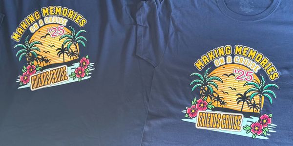 Two navy blue t-shirts with colorful cruise-themed designs.