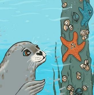 A harbour seal waves at smiling starfish as they cling tightly to the legs of a pier. 