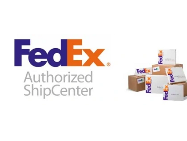 FedEx Authorized ShipCenter logo with branded shipping boxes.