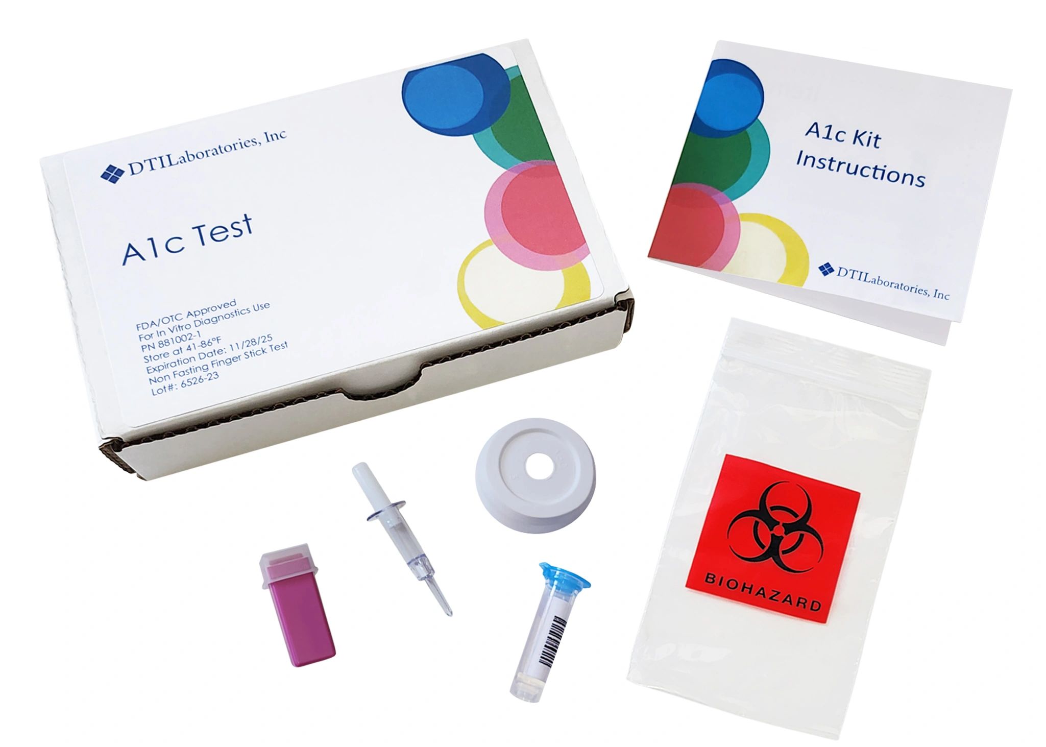 A1c Test kit with various medical components and instructions.