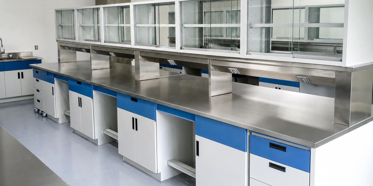Laboratorio limpio con mesas y gabinetes de acero inoxidable.
