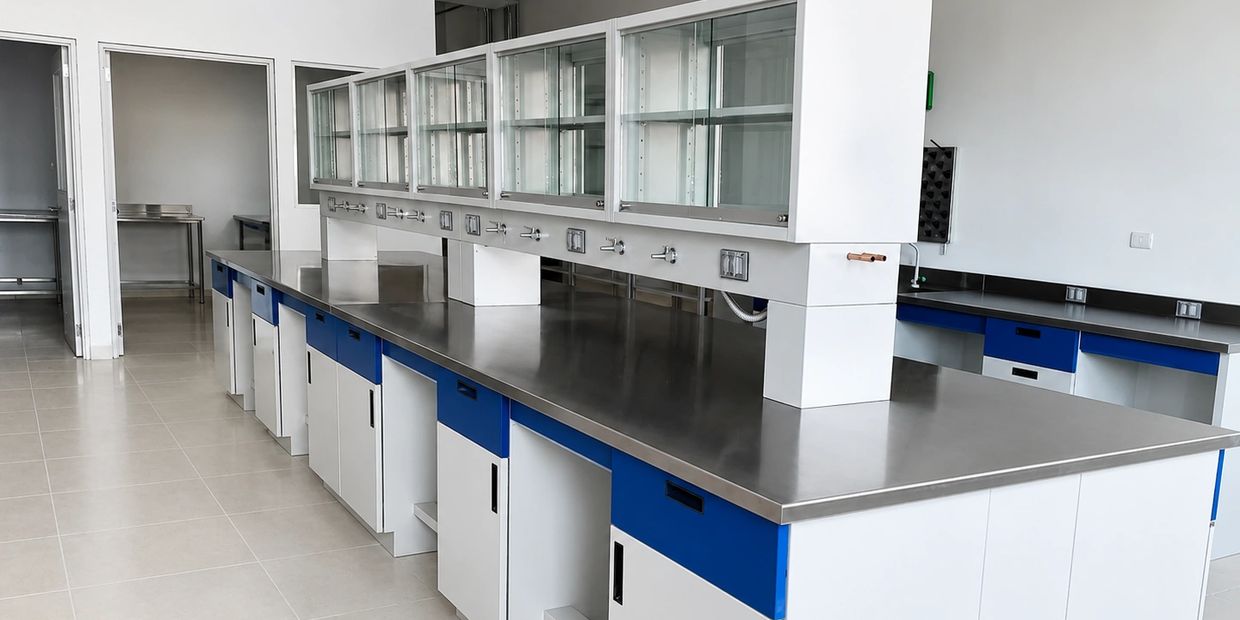 Laboratorio vacío con mobiliario moderno y limpio.