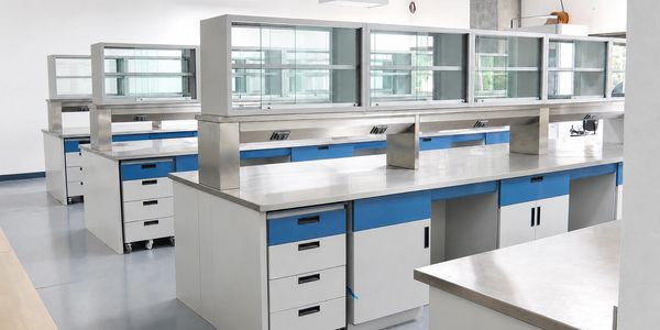 Laboratorio limpio con mesas blancas y detalles azules.