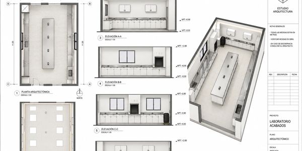 Plano arquitectónico de un laboratorio con elevaciones y perspectiva 3D.