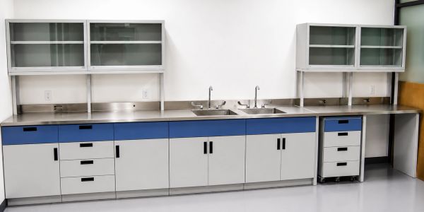 Gabinete y lavamanos en laboratorio limpio y vacío.