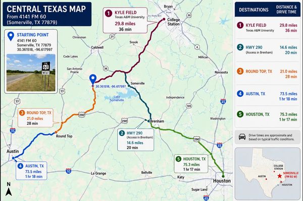 Map showing route and travel times between Texas locations.
