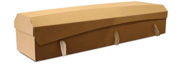 A closed brown cardboard coffin with handles.