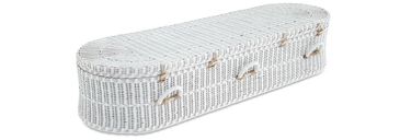 White wicker coffin with a simple design and handles.