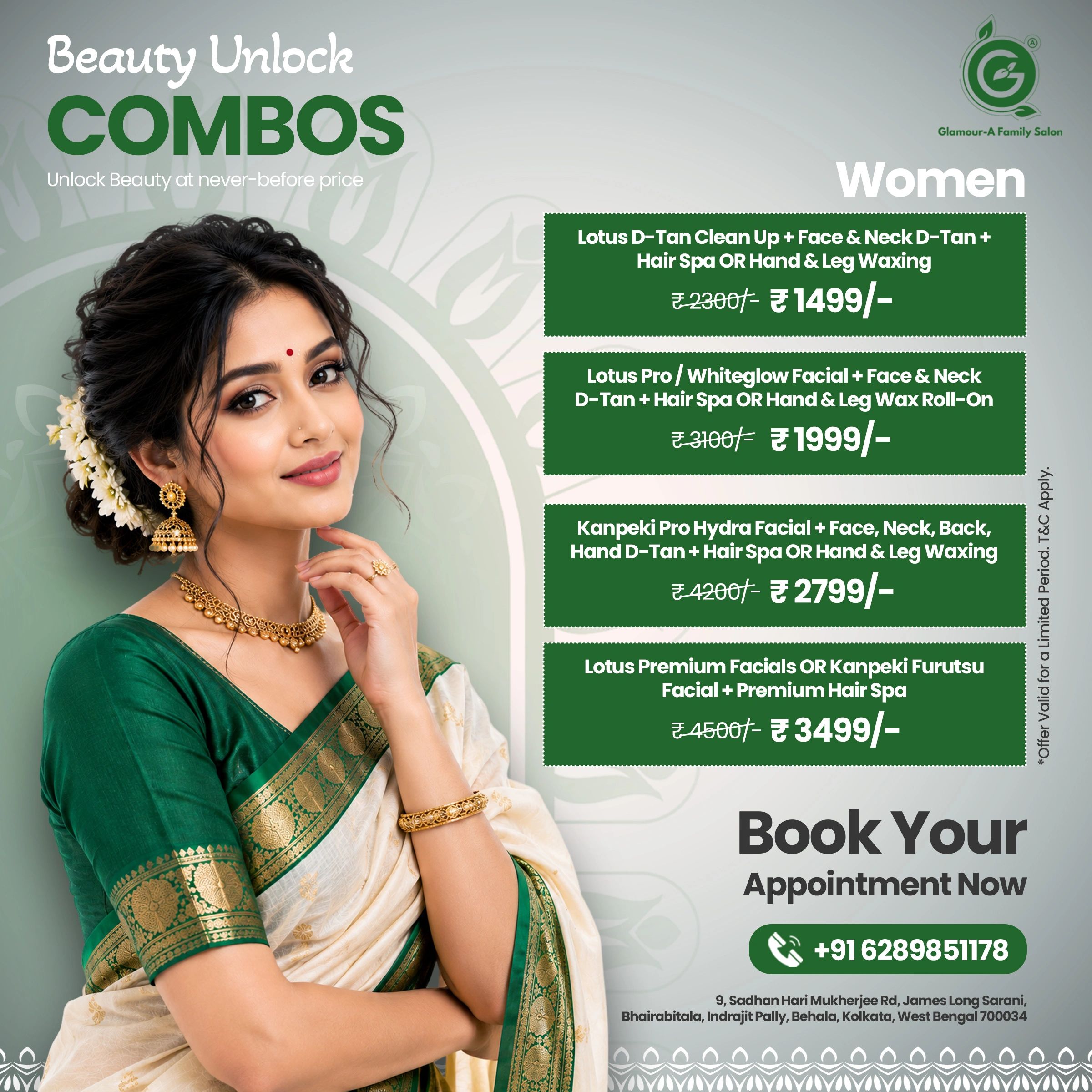 Beauty Unlock Combos for women with discounted facial and waxing packages.