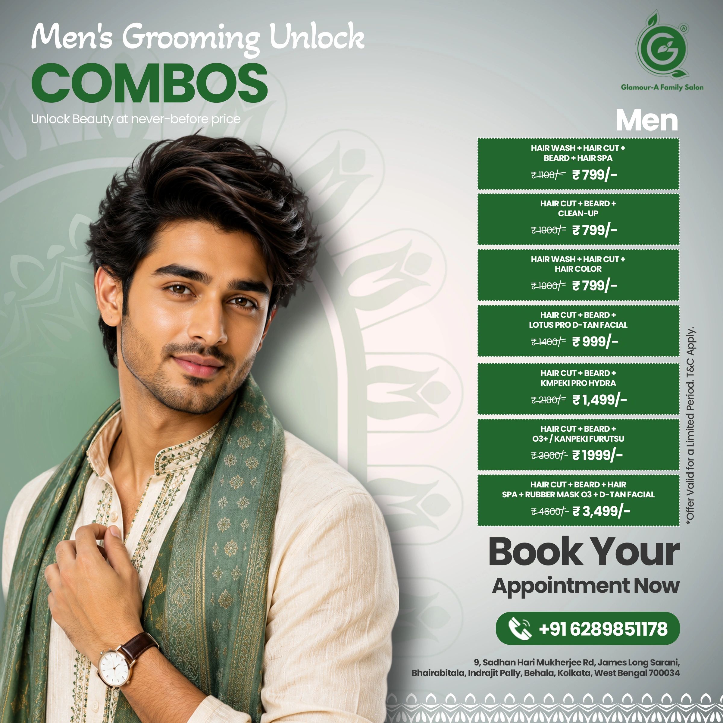Men's grooming combos with various hair and beard packages.