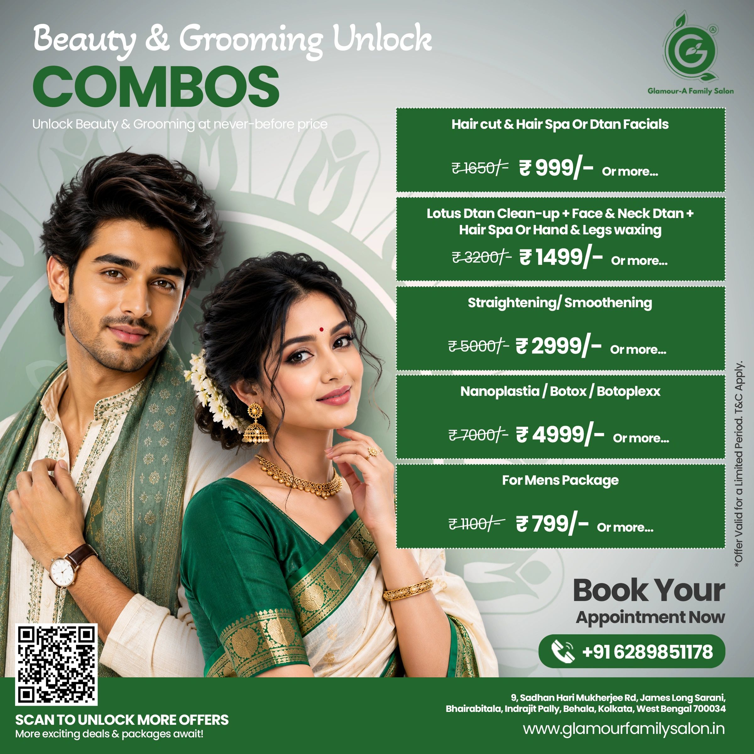 Beauty & grooming combos at Glamour-A Family Salon with discounts.