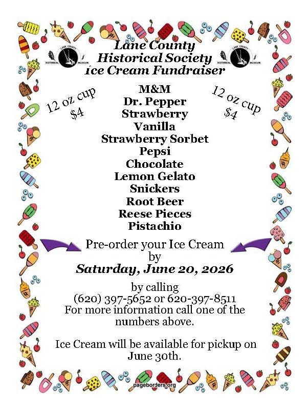 Flyer for Lane County Historical Society Ice Cream Fundraiser with flavors and pre-order details.