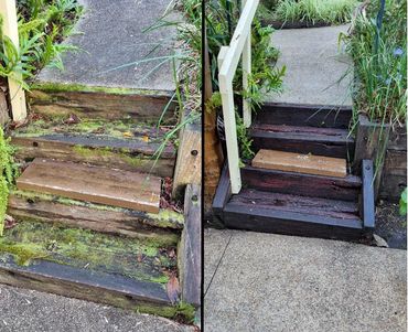 Before and after of garden steps pressure wash and tidy up