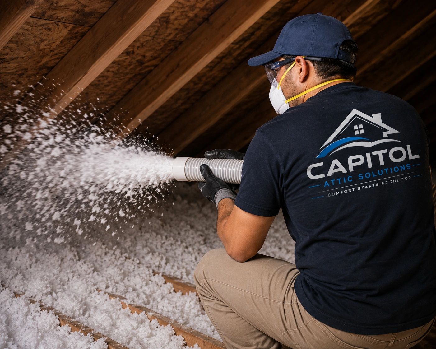 Worker installing attic insulation with protective gear.