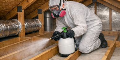 Worker spraying pesticide in an attic.