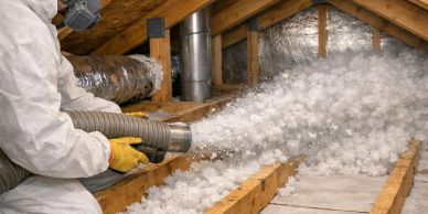 Person applying insulation in an attic.